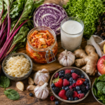 Abundant gut-healthy foods on a wooden table including carrots, beets, red cabbage, kimchi, sauerkraut, kefir, leafy greens, garlic, ginger, mixed berries, and apples