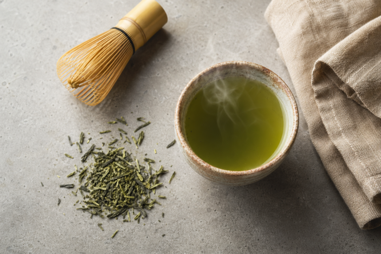 Ceramic cup of steaming green tea on a stone surface with loose green tea leaves and a bamboo whisk beside it