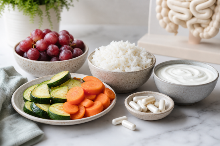 Low FODMAP foods including rice, carrots, zucchini, and grapes beside probiotic capsules and plain yogurt on a light counter