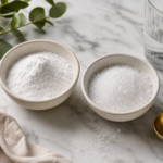 Two small bowls on marble comparing white magnesium glycinate powder and crystalline magnesium citrate beside a glass of water
