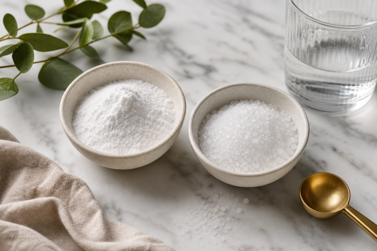 Two small bowls on marble comparing white magnesium glycinate powder and crystalline magnesium citrate beside a glass of water