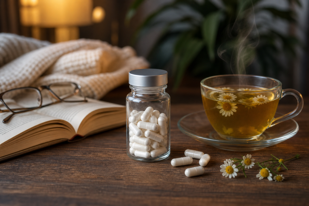 Magnesium L-threonate capsules beside open book and chamomile tea in soft evening light