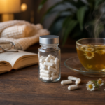 Magnesium L-threonate capsules beside open book and chamomile tea in soft evening light