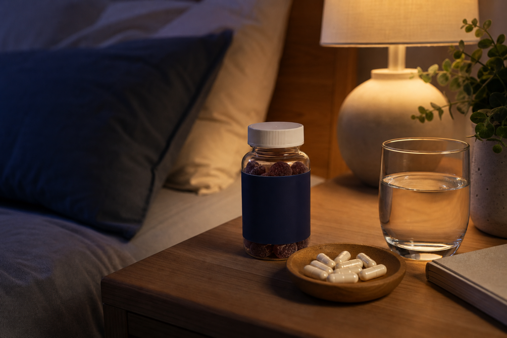 Bedside table at night with melatonin gummies, magnesium capsules in a wooden dish, and a glass of water under warm lamp light
