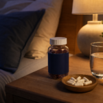 Bedside table at night with melatonin gummies, magnesium capsules in a wooden dish, and a glass of water under warm lamp light
