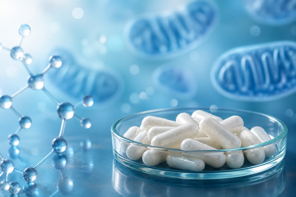 NAD+ supplement capsules in a glass dish with soft blue scientific bokeh background suggesting cellular energy