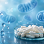 NAD+ supplement capsules in a glass dish with soft blue scientific bokeh background suggesting cellular energy