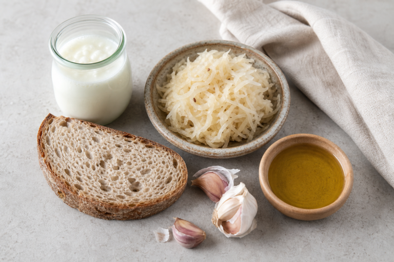 Overhead still life of kefir in a glass jar, sauerkraut, sourdough bread, garlic cloves, and olive oil on a light stone surface
