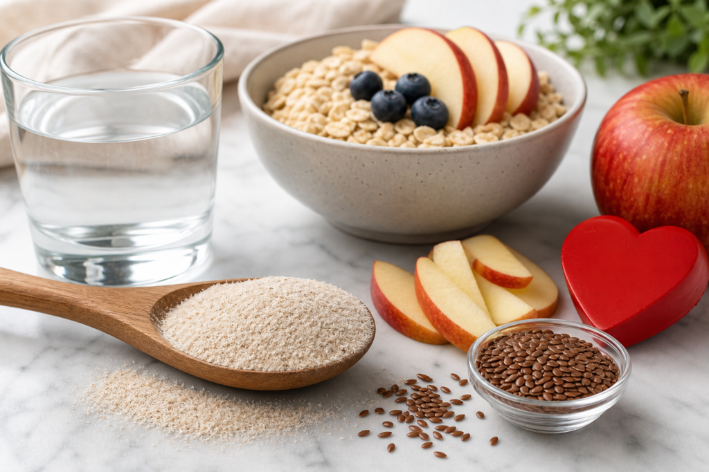 Wooden spoon with psyllium husk powder beside a glass of water, oatmeal, apple slices, and flax seeds on marble