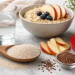 Wooden spoon with psyllium husk powder beside a glass of water, oatmeal, apple slices, and flax seeds on marble