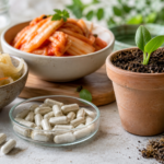 Probiotic capsules beside fermented kimchi, sauerkraut, and a small green sprout in terracotta