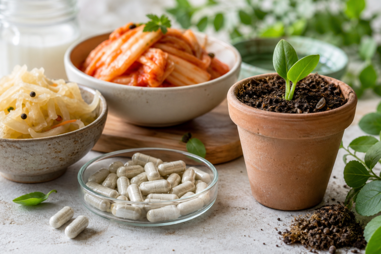 Probiotic capsules beside fermented kimchi, sauerkraut, and a small green sprout in terracotta