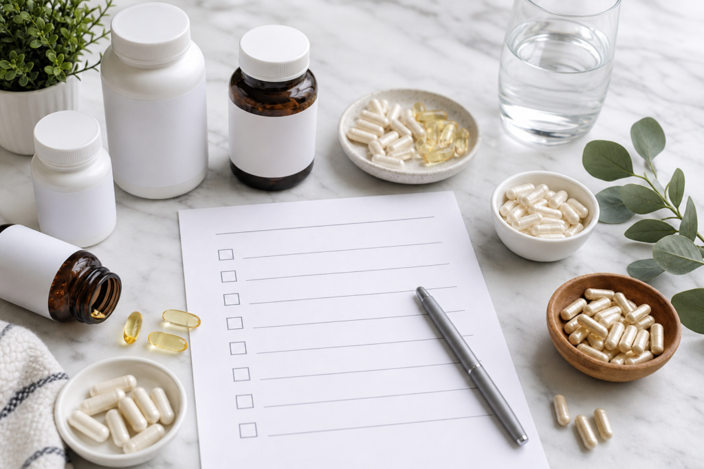 Assorted supplement bottles and capsules beside a paper checklist and pen on a white marble surface
