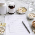 Assorted supplement bottles and capsules beside a paper checklist and pen on a white marble surface