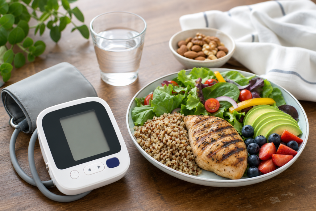 Home blood pressure monitor beside a DASH-style meal with grilled chicken, salad, berries, and avocado on a wooden table