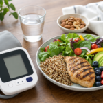 Home blood pressure monitor beside a DASH-style meal with grilled chicken, salad, berries, and avocado on a wooden table