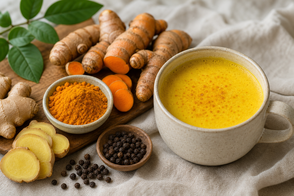 Fresh turmeric root, sliced ginger, black peppercorns, bowl of golden curcumin powder, and a cup of golden milk on linen
