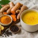 Fresh turmeric root, sliced ginger, black peppercorns, bowl of golden curcumin powder, and a cup of golden milk on linen