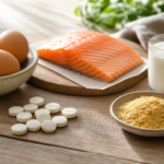 B12 supplement tablets beside eggs, salmon, nutritional yeast, and a small glass of milk on a wooden table