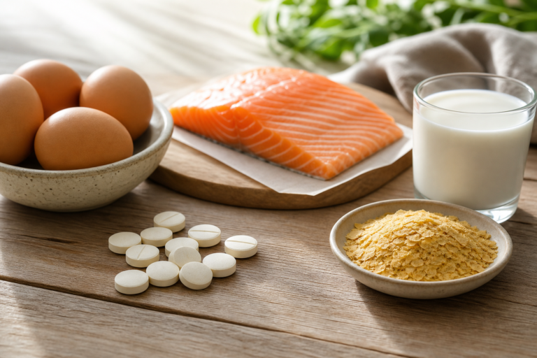 B12 supplement tablets beside eggs, salmon, nutritional yeast, and a small glass of milk on a wooden table