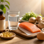 Vitamin D supplement softgels beside a glass of water, salmon fillet, mushrooms, and a whole egg on a wooden table in morning light