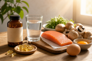 Vitamin D supplement softgels beside a glass of water, salmon fillet, mushrooms, and a whole egg on a wooden table in morning light