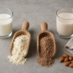 Two wooden scoops side by side on a stone surface, one with cream-colored whey protein powder and one with earthy-brown plant protein, beside a glass of dairy milk and a glass of almond milk
