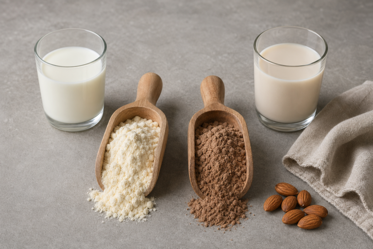Two wooden scoops side by side on a stone surface, one with cream-colored whey protein powder and one with earthy-brown plant protein, beside a glass of dairy milk and a glass of almond milk