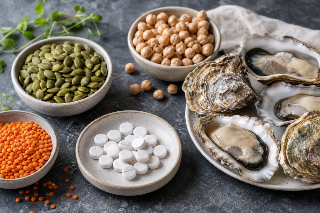 Zinc tablets beside oysters, pumpkin seeds, chickpeas, and lentils on stone