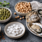 Zinc tablets beside oysters, pumpkin seeds, chickpeas, and lentils on stone